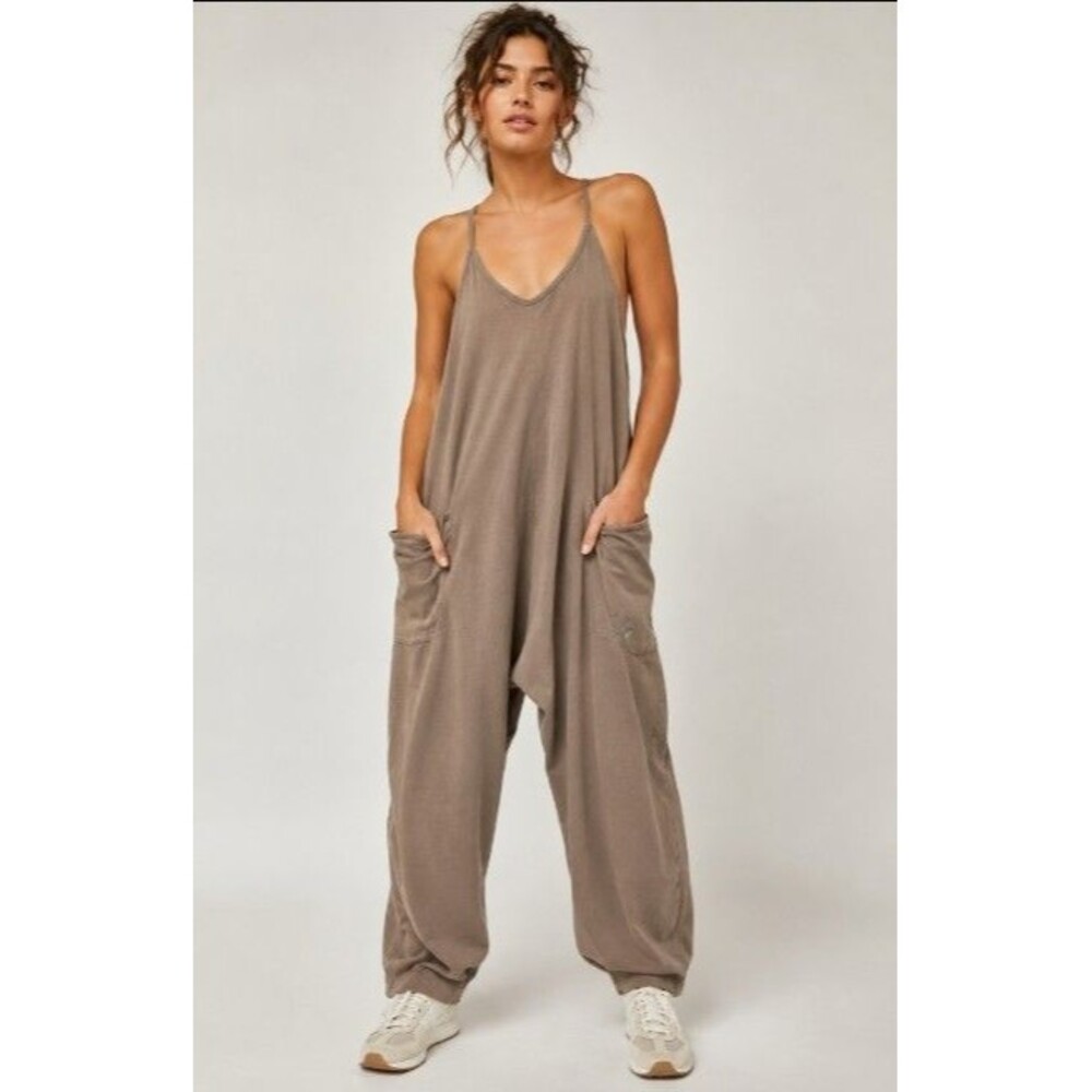 Free People FP Movement Just A Dream One piece Taupe Barrel Leg Jumpsuit Sz L